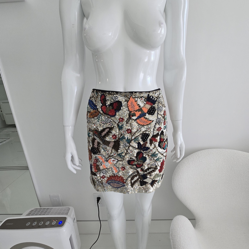 Alice + Olivia Beaded Sequin Silver/Multi Color Mini Skirt, Size 6